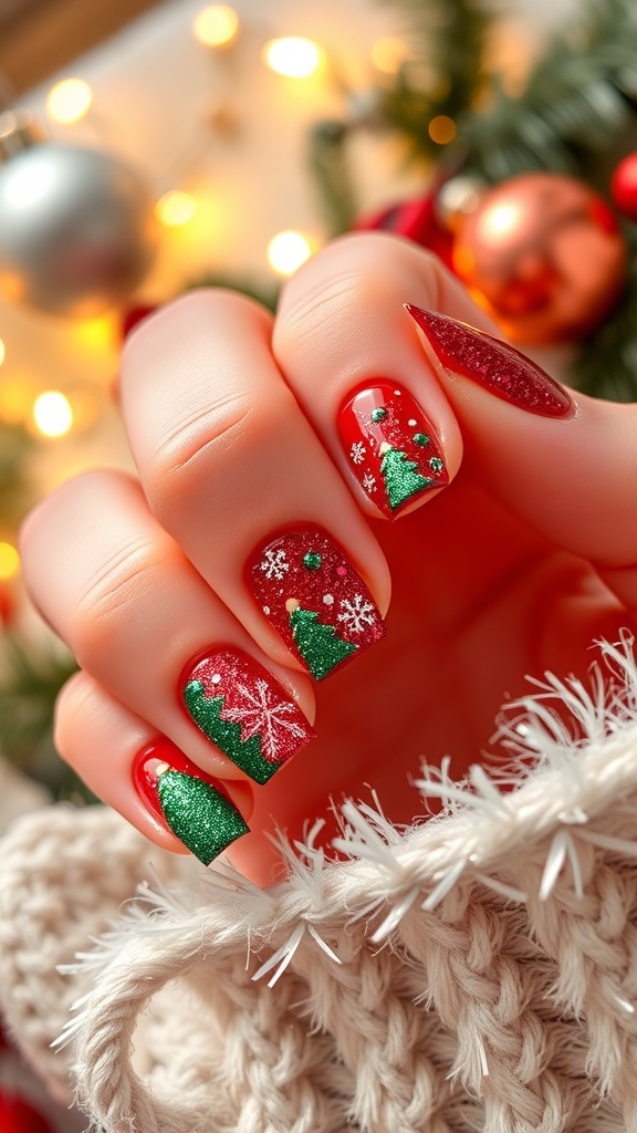A set of festive Christmas nails with red and green polish, glitter, and holiday designs.